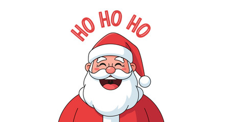 Santa Claus smiles HO HO HO in red letters above his head