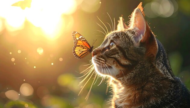 Striped tabby cat gazing at a Monarch butterfly perched on its nose, warm sunset light filters through greenery - Powered by Adobe