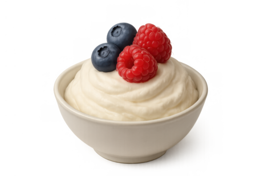 Creamy yogurt dessert with fresh raspberries and blueberries in a bowl, healthy breakfast or snack, transparent background