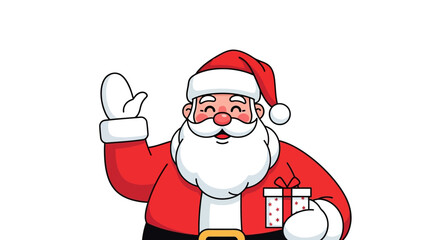 Santa Claus waves holding a present with snowflakes
