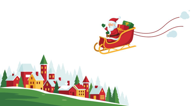 Santa Claus waves from his sleigh laden with gifts above a snowcovered village
