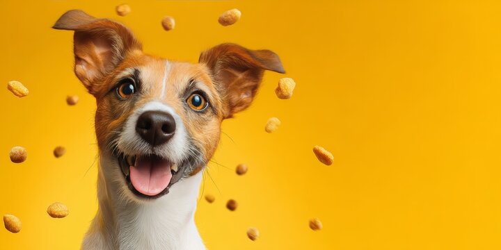 happy jack russell terrier against vibrant yellow backdrop with floating kibble, playful pop-art style, bold contrast, centered composition