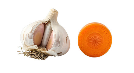 A head of garlic and a slice of carrot isolated on transparent background
