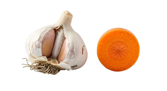 A head of garlic and a slice of carrot isolated on transparent background