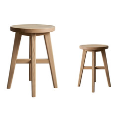 Two wooden stools of different sizes, isolated on transparent background