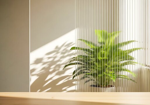 Green plant behind vertical blinds with shadow on the wall indoors