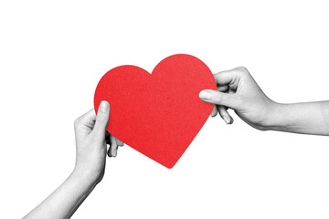 A modern collage of two hands holding a heart-shaped valentine. Valentine's Day card.
