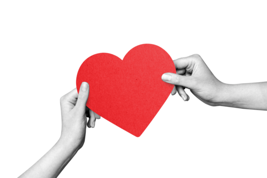 A modern collage of two hands holding a heart-shaped valentine. Valentine's Day card.