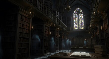 Ancient library interior with stained glass window and open book