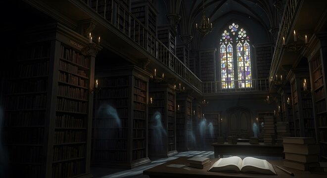 Ancient library interior with stained glass window and open book
