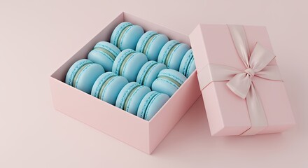 Pink Gift Box with Blue Macarons Lined Inside Elegant Pastel Color Presentation