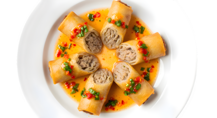Delicious vietnamese spring rolls with chili sauce on a plate isolated on transparent background