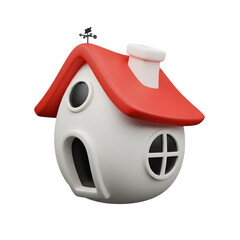 Whimsical 3d cartoon house with a red roof and chimney, isolated on transparent background