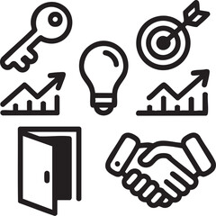 Business icons key lightbulb target graph open door handshake