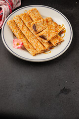 Crepes with chocolate sweet dessert tasty snackfresh gourmet food background on the table  rustic food top view copy space