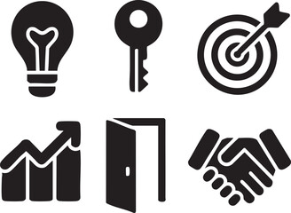 Business icons lightbulb key target graph open door handshake