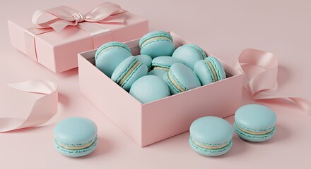 Light Blue Macarons in Pink Gift Box with Ribbon on Soft Pink Background