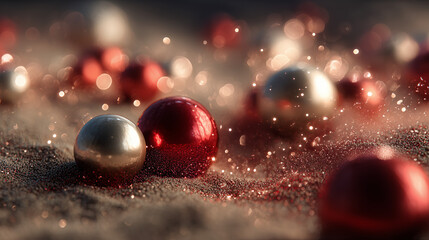 Modern Christmas scene with red and silver pearls, swirling red dust, warm glowing lights, and a minimal, super-photorealistic festive atmosphere