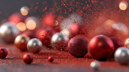 Modern Christmas scene with red and silver pearls, swirling red dust, warm glowing lights, and a minimal, super-photorealistic festive atmosphere