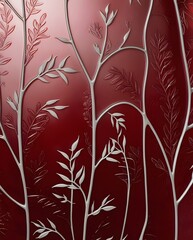 Stylized botanical branches arranged artistically across deep red surface forming decorative elegant embossed artwork
