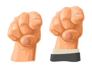 Pointing finger at viewer, from front. Vector color illustration isolated on a white. Male hand in sleeve suit and without. Sign for web, poster, info graphic