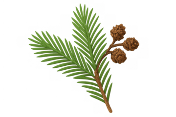 Evergreen pine branch with three natural brown cones on a transparent background, winter natural decoration concept