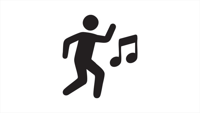 Minimalist icon showing a stylized person dancing alongside a musical note, embodying the concept of movement, celebration, and the universal appeal of music