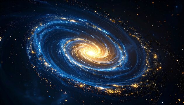 Swirling galaxy with bright yellow core radiates out with blue and gold cosmic stardust in deep space