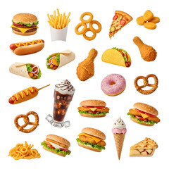 A collection of fast food items isolated on a transparent background