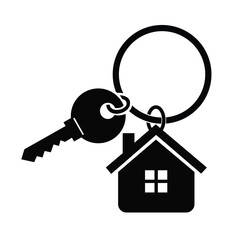 Solid black vector icon of a house key on a ring with a small home shape, symbolizing real estate and ownership, for security and finance concepts.