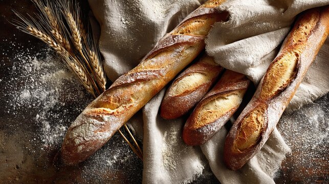 Freshly Baked Baguettes Artfully Arranged on a Rustic Linen Cloth with Scattered Flour and Wheat Ears