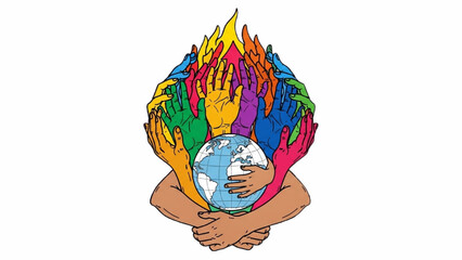 Upward Reaching Hands and Globe with Embracing Arms – Global Human Rights Unity Illustration