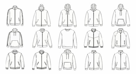Collection of various hoodie and jacket technical fashion flat sketches. © Kurs