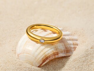 Elegant gold ring adorned with a single diamond on a seashell