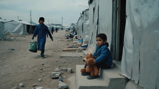 Refugee Camp Scene: Two Young Boys, One Carrying Bag, One Sitting with Teddy Bears, Amidst Tents and Stark Conditions, Evoking Themes of Displacement and Childhood