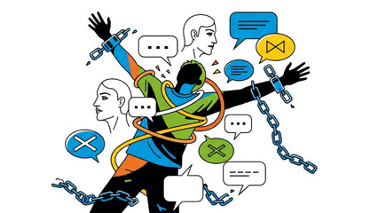 Person Breaking Chains with Speech Bubbles – Liberation and Freedom of Expression Illustration