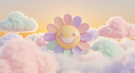 Colorful Smiling Flower Character Surrounded by Soft Pastel Clouds in Dreamy Sky