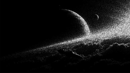 Abstract stipple art of a half planet and moon against a starry sky. Space vector background and universe exploration concept.