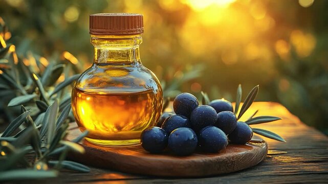 A bottle of olive oil sitting next to some olives, perfect for food  or use as a prop in recipes