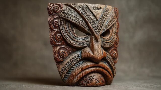 Detailed Carved Wooden Tiki Mask with Intricate Designs and Angry Expression on a Neutral Background, Cultural Artifact