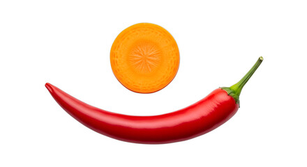 Red chili pepper and carrot slice, isolated on transparent background