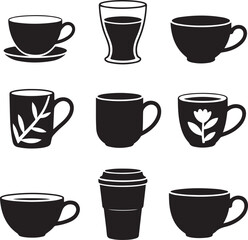 Black and White Silhouette Illustration of Teacup Designs Classic Saucer Tall Tea Glass Ceramic Bamboo Mug Floral Double Wall Travel Traditional