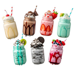 Collection of colorful milkshakes and ice cream sundaes topped with whipped cream and fruit isolated on transparent background
