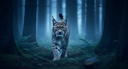 Powerful lynx strides through enchanting forest with captivating gaze, perfect for nature documentaries, conservation campaigns, and wildlife promotions