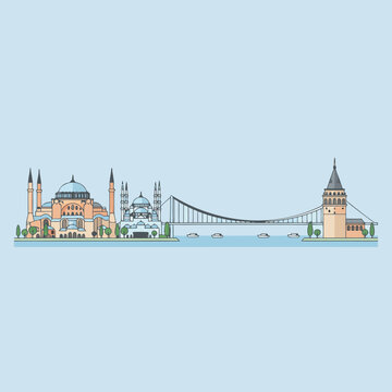 Istanbul city skyline illustration with famous landmarks like Hagia Sophia, Blue Mosque, Bosphorus Bridge, and Galata Tower on a light blue background.