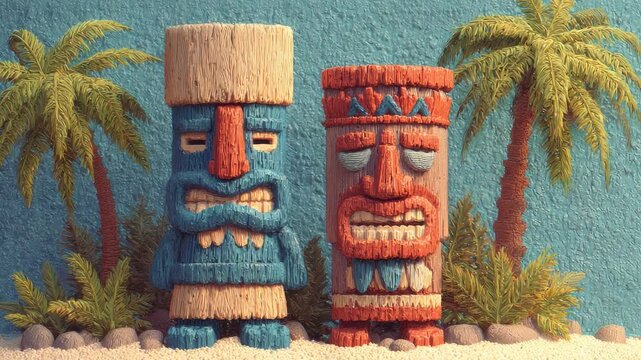 Two Colorful Carved Wooden Tiki Totems on a Sandy Beach with Palm Trees and a Textured Blue Background