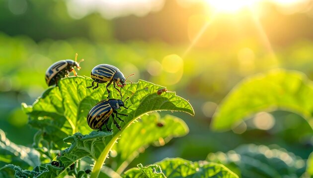 Striped beetles crawl over bright green leaves, bathed in golden sunlight, in a field setting