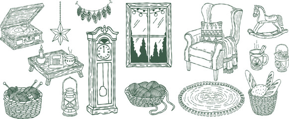 Obraz premium Whimsical christmas holiday winter line hand drawing with sketch doodle decoration set, vintage armchair grandfather clock and cozy home graphic element vector illustration