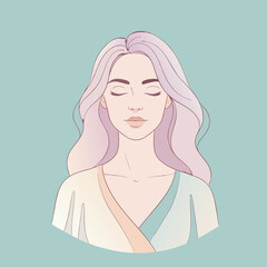 A serene illustration of a woman with closed eyes and purple hair, meditating peacefully on a light blue background, evoking calm and introspection.