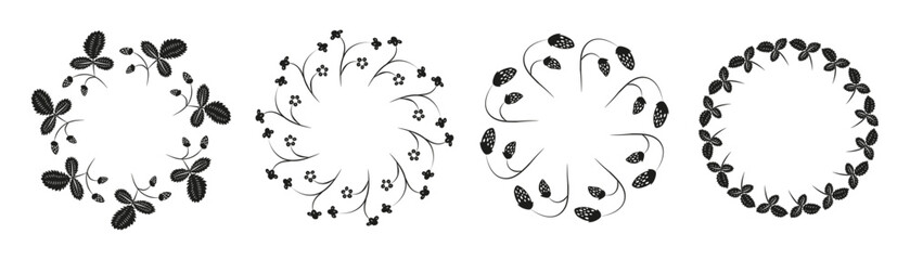 Set of cute round wreaths with black strawberries and leaves isolated on white background.